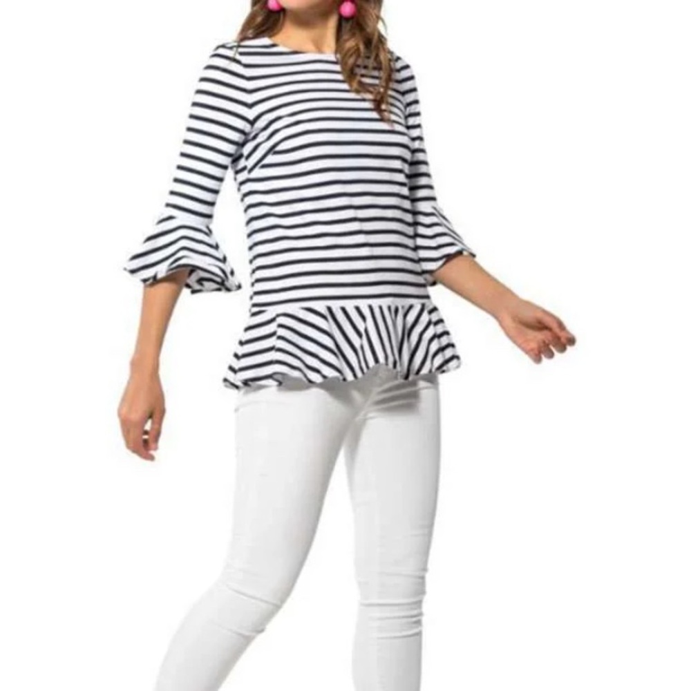 Sail To Sable Striped Knit Long
Sleeve Flounce Top